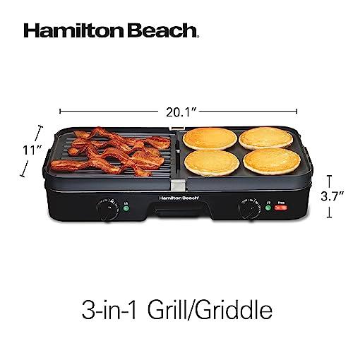 Hamilton Beach 3-in-1 Electric Indoor Grill + Griddle, 8-Serving, Reversible Nonstick Plates, 2 Cooking Zones with Adjustable Temperature (38546), Black - CookCave