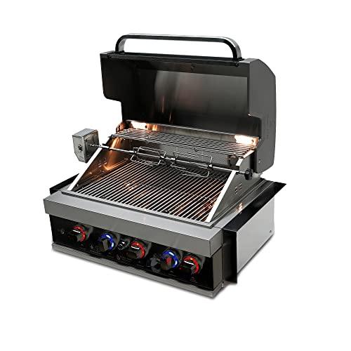 Mont Alpi Black Stainless Steel MABi400-BSS 32-Inch 4-Burner 63000 BTU Built-In Natural Gas/Liquid Propane Outdoor Kitchen Gas Grill Infrared Rear Burner + Rotisserie Kit & Weather Cover - CookCave