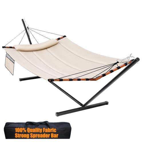 TegerDeger 12FT 2 Person Hammock with Stand Included 55 x 79IN Large Hammock 450LB Capacity with Hardwood Spreader Bar & Nylon Rope for Outside, Patio, Garden, Backyard, Beach, Poolside - Beige - CookCave