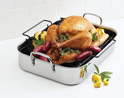 Anolon Triply Clad Stainless Steel Roaster / Roasting Pan with Rack - 17 Inch x 12.5 Inch, Silver - CookCave