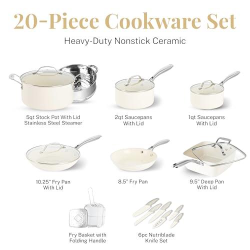 Gotham Steel 20 Pc Pots and Pans Set Non Stick Cookware Set, Pot and Pan Set, Kitchen Cookware Sets, Non Toxic Ceramic Cookware Set, Nonstick Cookware Set, Lightweight, Dishwasher Safe, Cream White - CookCave