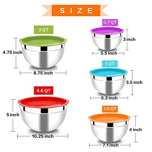 P&P CHEF Mixing Bowl with Lid Set of 5, 10-Piece Stainless Steel Nesting Salad Bowl Set for Prepping, Mixing and Serving, Size 4.6, 3, 1.5, 1, 0.7 QT, Rimmed Edges & Flat Base - CookCave