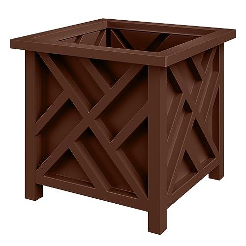 Pure Garden Lattice Design Planter Box - 15.5-Inch-Square Decorative Outdoor Flower or Plant Pot - Front Porch, Patio, and Garden Decor (Brown) - CookCave