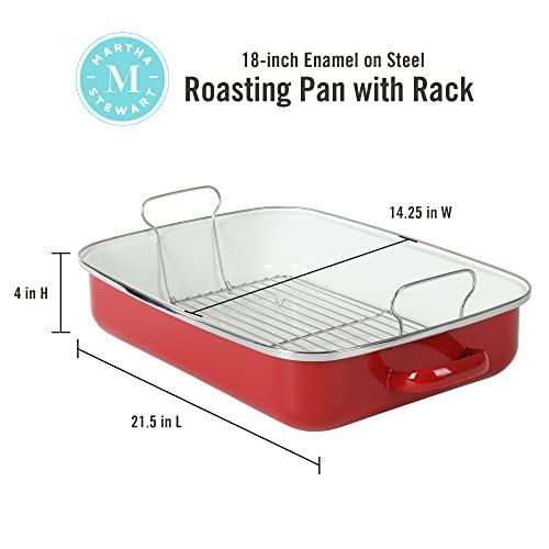 Martha Stewart Thayer 18" Enamel on Steel Roaster Pan w/Stainless Steel Rack - Red - CookCave