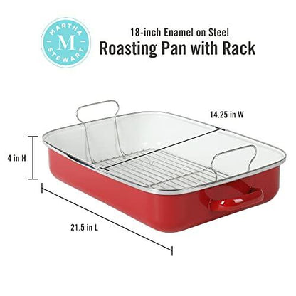 Martha Stewart Thayer 18" Enamel on Steel Roaster Pan w/Stainless Steel Rack - Red - CookCave