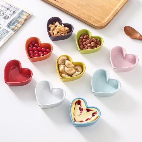 FUYU Colorful Heart Shaped Ceramic Ramekin Bowls Souffle Dishes Pudding Cups Snack Dishes Dipping Bowls - CookCave