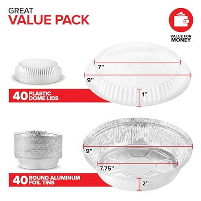 Stock Your Home 9" Round Aluminum Foil Pans with Lids (40 Pack) Pie Tins Disposable 9 Inch with Lid, To-Go Containers for Pies, Cheesecake, Cinnamon Rolls, Flan, 2" Deep Dish Cake Pan for Holidays - CookCave