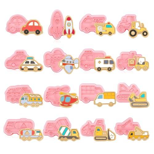 Guiqulai 16 PCS Transportation Vehicle Cookie Cutters with Plunger Stamper, Car Cookie Mould Set, Transportation Theme Set Embossing Dies, Construction Vehicles Cookie Cutters Set for Fondant Cookies - CookCave