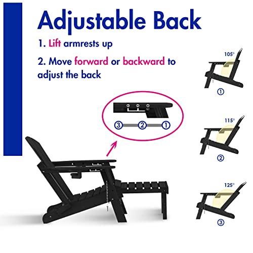 BRIOPAWS Folding Adirondack Chair with Adjustable Backrest & Ottoman, Wood Texture All-Weather HDPE Outdoor Chairs w/Cup Holders & Retractable Footrest for Poolside, Fire Pit, Campfire, Deck, Black - CookCave