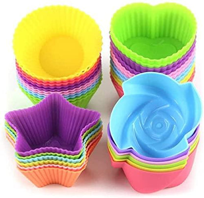 LetGoShop Silicone Cupcake Liners Reusable Baking Cups Nonstick Easy Clean Pastry Muffin Molds 4 Shapes Round, Stars, Heart, Flowers, 24 Pieces Colorful - CookCave