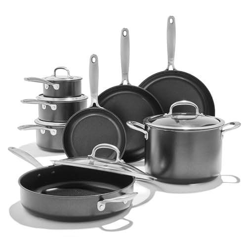 OXO Softworks 13 Piece Cookware Pots and Pans Set, 3-Layered German Engineered Nonstick Coating, Frypans, Saucepans, Saute Pan, Stockpot, Lids, Dishwasher Safe, Gray - CookCave