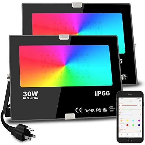 Led Flood Light 300W Equivalent 3000 LM, Outdoor Color Changing Led Stage Landscape Lights, Bluetooth RGBW Smart Floodlights 2700K & 16 Million Colors&Timing& Music Sync, IP66，US 3-Plug (2 Pack) - CookCave