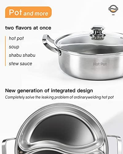 CHRYSLIN Stainless Steel Pot with Divider,Weldless Hot Pot,Two-Flavor Soup Pot Shabu Shabu Pot,Induction Cookware with Toughened Glass Lid,12 inch,4.6-Quart,Silver - CookCave