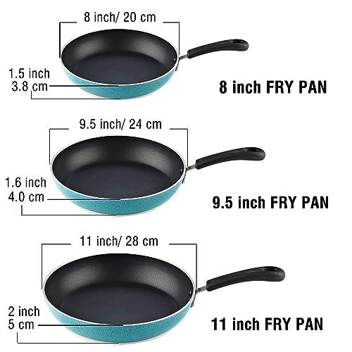 Cook N Home Nonstick Saute Fry Pan Skillet Set, 8, 9.5, and 11-Inch Kitchen Cooking Frying Saute Pan, Induction Compatible, Turquoise, 3-Piece - CookCave