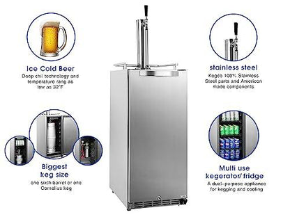 HCK 15 inch Kegerator 2 in 1, Universal Commercial Outdoor Beverage Refrigerator, Keg Beer Cooler for Beer Dispensing with 1 tap, Complete Accessories, Digital Control, Auto Defrost and SUS304 Door - CookCave