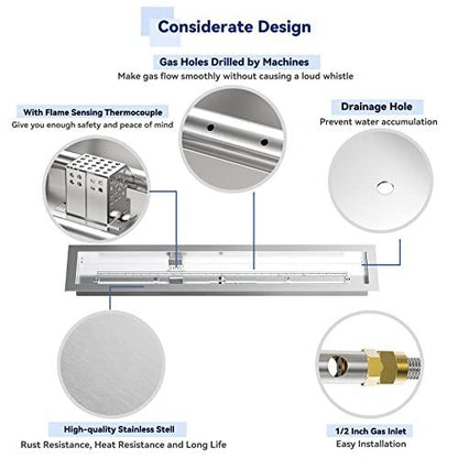 Skyflame 36" Linear Stainless Steel Fire Pit Drop-in Burner Kit with Flame Sensing, Electronic Spark Ignition, CSA Certified, and Propane Regulator Connector Hose Set for Propane Tank - CookCave