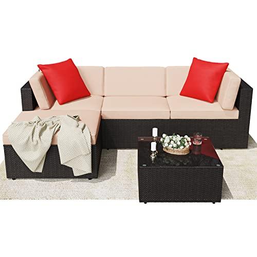 Greesum Patio Furniture Sets 5 Piece Outdoor Wicker Rattan Sectional Sofa with Cushions, Pillows & Glass Table, Beige - CookCave