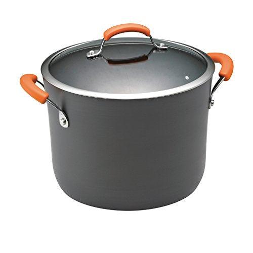 Rachael Ray Brights Hard Anodized Nonstick Stock Pot/Stockpot with Lid, 10 Quart, Gray with Orange Handles - CookCave