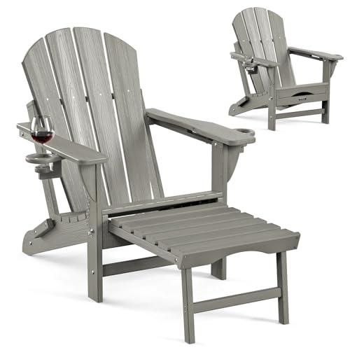 Ciokea Folding Adirondack Chair Fire Pit Chair Patio Adirondack Chair Weather Resistant with 2 Cup Holder Adirondack Retractable Ottoman （Grey） - CookCave