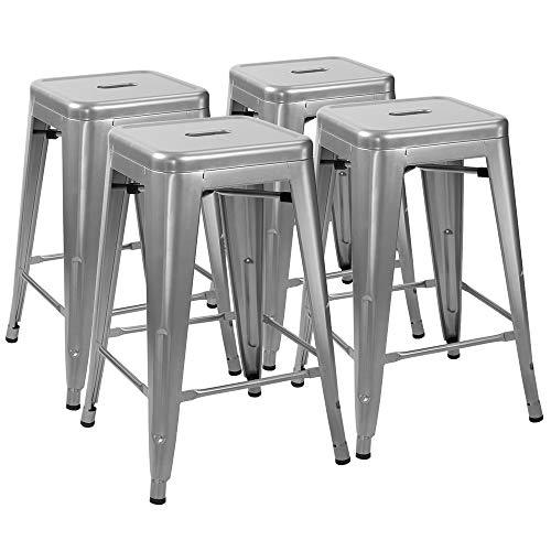 Furmax 24 Inches Metal Bar Stools Counter Height High Backless Indoor-Outdoor Stackable Stools Set of 4 (Sliver) - CookCave