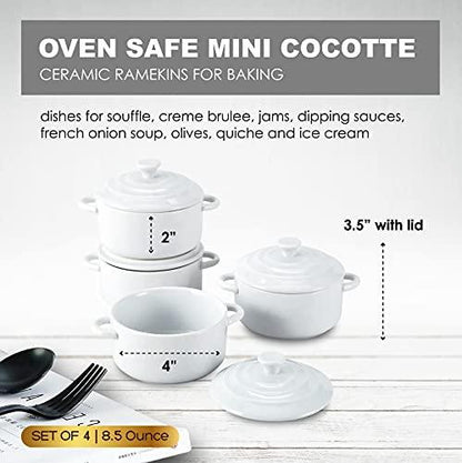 Bruntmor 8.5 Oz Mini Cocotte Ceramic Ramekins for Baking, Mini Casserole Dish with Lid, Cute Stoneware Individual Severing Pot, Ramekins 8 ounce oven safe Souffle Dish (White) - CookCave