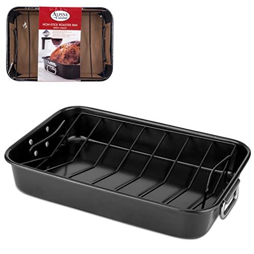 Alpine Cuisine Turkey Roaster Pan with Rack 16-Inch - Nonstick Coating Carbon Steel Pan - Black & Heavy Duty Roasting Pan - Easy to Clean, Multipurpose Use - Durable & Dishwasher Safe - CookCave