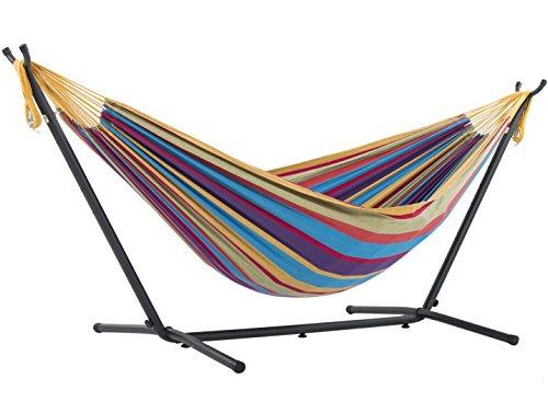 Vivere Double Cotton Hammock with Space Saving Steel Stand, Tropical (450 lb Capacity - Premium Carry Bag Included) - CookCave