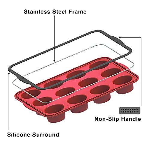 Aichoof Non-Stick Silicone Muffin Pan With Reinforced Stainless Steel Frame Inside,12 Cup Regular Muffin Baking Mold, 12 Cup Muffin Tin, BPA Free,Dishwasher Safe, Red - CookCave