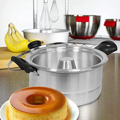 Bene Casa - Aluminum Flan Mold Double Boiler with Glass Lid (1.6 Liter) - Includes Aluminum Inner Pan (8") - Dishwasher Safe - CookCave