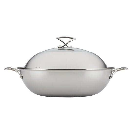 Circulon Clad Stainless Steel Wok/Stir Fry with Glass Lid and Hybrid SteelShield and Nonstick Technology, 14 Inch - Silver - CookCave