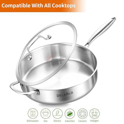 DELARLO Whole Body Tri-Ply Stainless Steel Sauté Pan with lid, 6 Quarts Saute Pan, 12 Inch Deep Frying Pan, Induction Compatible Chef Cooking Pan, Dishwasher & Oven Safe - CookCave