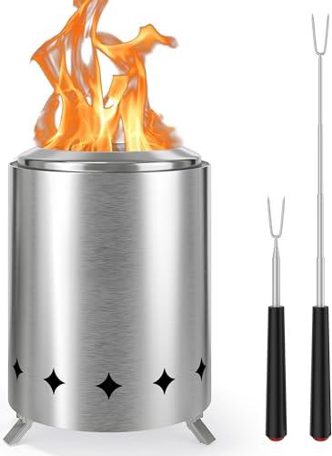 QVCQ Tabletop Fire Pit, Low Smoke Camping Stove, Pellets or Wood Burning Firepit for Outdoor &Patio, Small Table Top Firepit with Stands, Removable Ash Pan, Portable Travel Bag, 2 Smores Sticks - CookCave