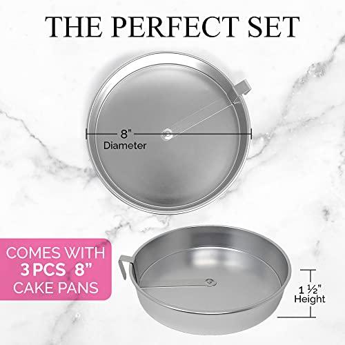 Aunt Shannon's Kitchen 8 Inch Round Cake Pans, 3 Pack, Silver Cake Pan with a Built-in Swivel Blade, Easy Release Cake Pans Set for Baking, Baking Pans Set for 3-Layer Cake, Dishwasher Safe - CookCave