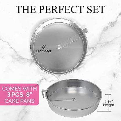 Aunt Shannon's Kitchen 8 Inch Round Cake Pans, 3 Pack, Silver Cake Pan with a Built-in Swivel Blade, Easy Release Cake Pans Set for Baking, Baking Pans Set for 3-Layer Cake, Dishwasher Safe - CookCave