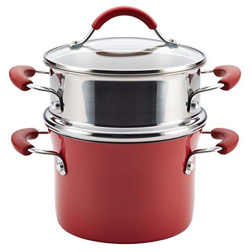 Rachael Ray Cucina Nonstick Sauce Pot/Saucepot with Steamer Insert and Lid, 3 Quart, Cranberry Red - CookCave