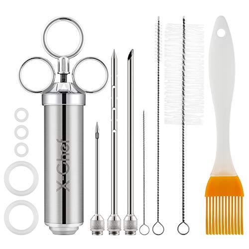 X-Chef Meat Injector Syringe, Stainless Steel Turkey Marinade Injector for Food Flavor BBQ Grill Smoker with 2oz Capacity Barrel 3 Professional Needles, 3 Cleaning Brushes, 5 O-Rings & Silicone Brush - CookCave