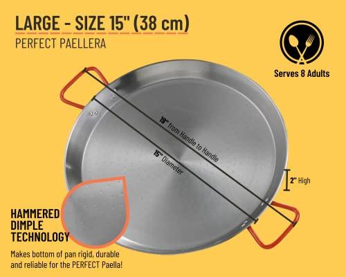 PAELO Polished Steel Paella Pan, 15 inch (38cm) Carbon Steel Pan, Large Professional Grade Paellera Imported From Spain for 8 Servings of Paella Rice, Made by Garcima - CookCave