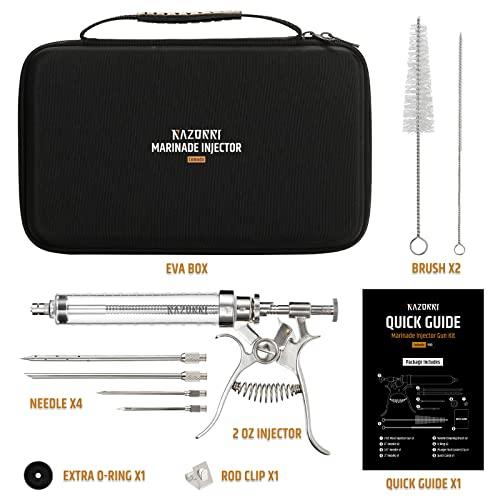 Razorri Marinade Injector Gun, Stainless Steel BBQ Meat Turkey Inject Kit, Flavor Food Syringes with Zipper Case, 2 oz Large Capacity Barrel and 4 Perforated Needles for Indoor Bake and Outdoor Grill - CookCave