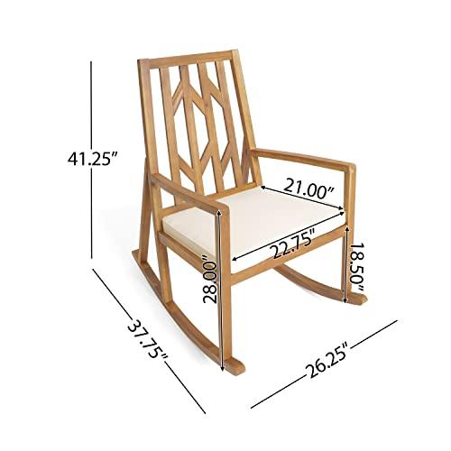 Christopher Knight Home Nuna Outdoor Wood Rocking Chair with Cushion, Teak Finish Dimensions: 37.75”D x 26.50”W x 41.25”H - CookCave