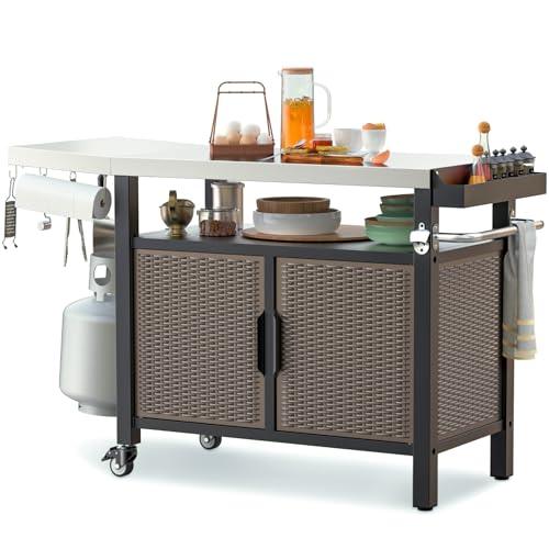 Onlyfire Portable Dining Cart Table with XL Stainless Steel Countertop, Rolling Storage Cabinet with Side Shelf for Indoor Outdoor, Kitchen Island Worktable with Wheels - CookCave