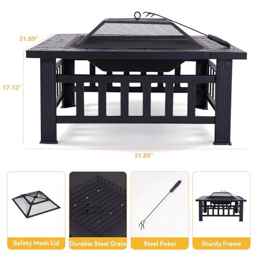 32" Square Outdoor Fire Pit Table Multiuse Patio BBQ Firepit with Steel Fire Poker and Cover for Camping, Outdoor Heating, Outside Wood Burning and Picnic, Black - CookCave