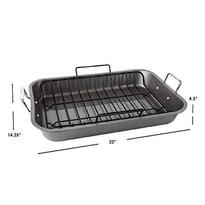 Turkey Roasting Pan With Rack (Grey/Black), By Home Basics | Carbon Steel Non-Stick Pan With Handles | 20" Roaster Great For Ham, Roast Beef, and Prime Rib, Gray, 22"x14.25" - CookCave