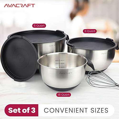 AVACRAFT 18/10 Stainless Steel Mixing Bowls with Lids, non slip silicone base bowls with Handle, Mixing Bowl Set with Pour Spouts & Measurement Marks, Home Essentials Cooking Bowls, (Black) - CookCave