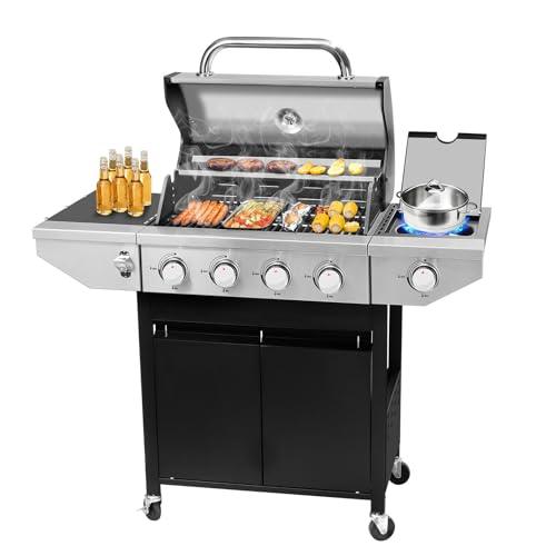 Unovivy 4-Burner Propane Gas BBQ Grill with Side Burner & Porcelain-Enameled Cast Iron Grates Built-in Thermometer, 47,000 BTU Outdoor Cooking, Patio, Garden Barbecue Grill, Black and Silver - CookCave