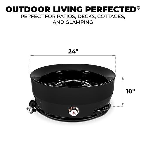 Outland Living Large Outdoor Propane Gas Fire Pit for Outside, 60,000 BTU/h, 24 inch with Lid - Modern Lake Country 800 Fire Bowl Firepit for Patio, Black - CookCave