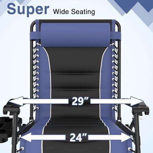 Slendor Zero Gravity Chairs Oversized,XL Zero Gravity Lounge Chair,29in Folding Outdoor Patio Recliner, Anti Gravity Chair for Lawn Backyard Office w/Headrest, Cup Holder, Support 300lbs, Black/Blue - CookCave