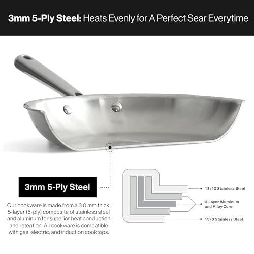 Misen 5-Ply Professional Stainless Steel Pan - Superior Heat Retention & Larger Cooking Surface for Searing & Sautéing - Cool Ergonomic Handle -12 Inch - CookCave