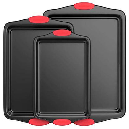NutriChef Non-Stick Kitchen Oven Baking Pans-Deluxe & Stylish Nonstick Gray Coating Inside Outside, Commercial Grade Restaurant Quality Metal Bakeware with Red Silicone Handles NCSBS3S, 3 Piece Set - CookCave