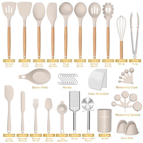 Silicone Cooking Utensils Set, 43Pcs Non-Stick Heat Resistant Kitchen Utensils Spatula Set with Wooden Handle for Baking, Cooking, and Mixing, Best Kitchen Gadgets Tools with Holder (Khaki) - CookCave