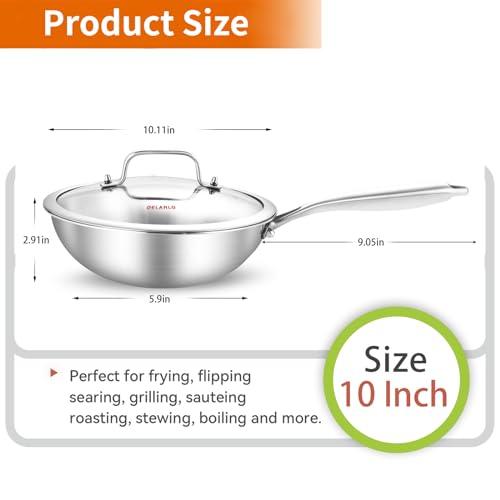 DELARLO Whole body Tri-Ply Stainless Steel 10 inch wok Pan With steel cover, Oven safe induction Stir-Fry Pans skillet,Suitable for All Stove - CookCave